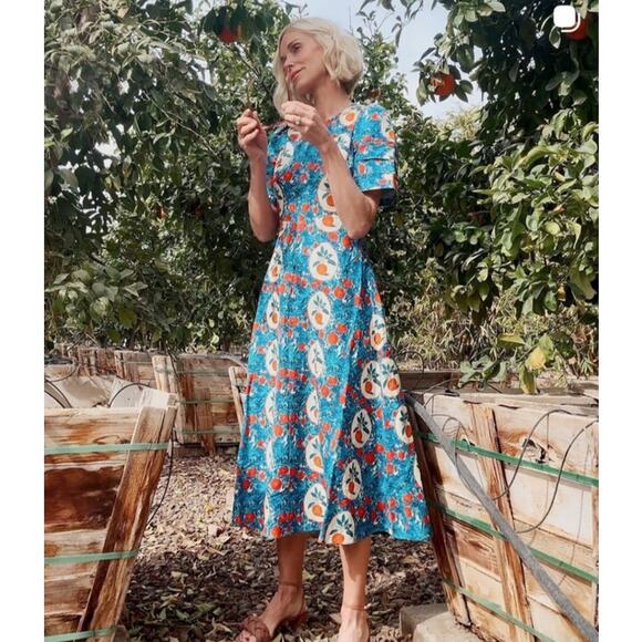 Hunter Bell Casey Dress in Orange Grove blue linen blend midi sheath Size 0 - Picture 14 of 16